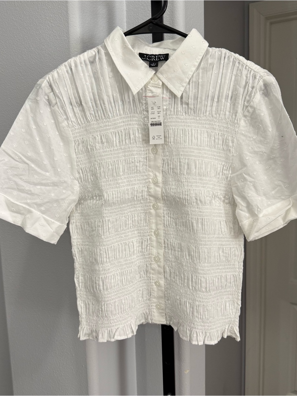 NWT J. Crew Women White Collared Polka Dot Smocked Button Up Shirt Cotton Small - Picture 2 of 7